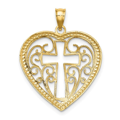 10K Yellow W/Rhodium 10K W/ Rhodiumcut-Out Beaded Filigree Heart Cross Charm