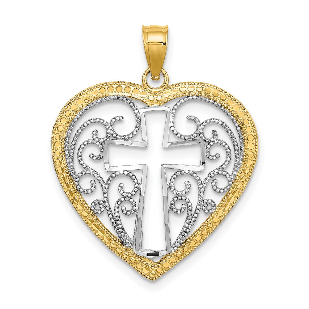 10K Yellow W/Rhodium 10K W/ Rhodiumcut-Out Beaded Filigree Heart Cross Charm