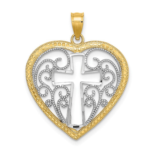 10K Yellow W/Rhodium 10K W/ Rhodiumcut-Out Beaded Filigree Heart Cross Charm