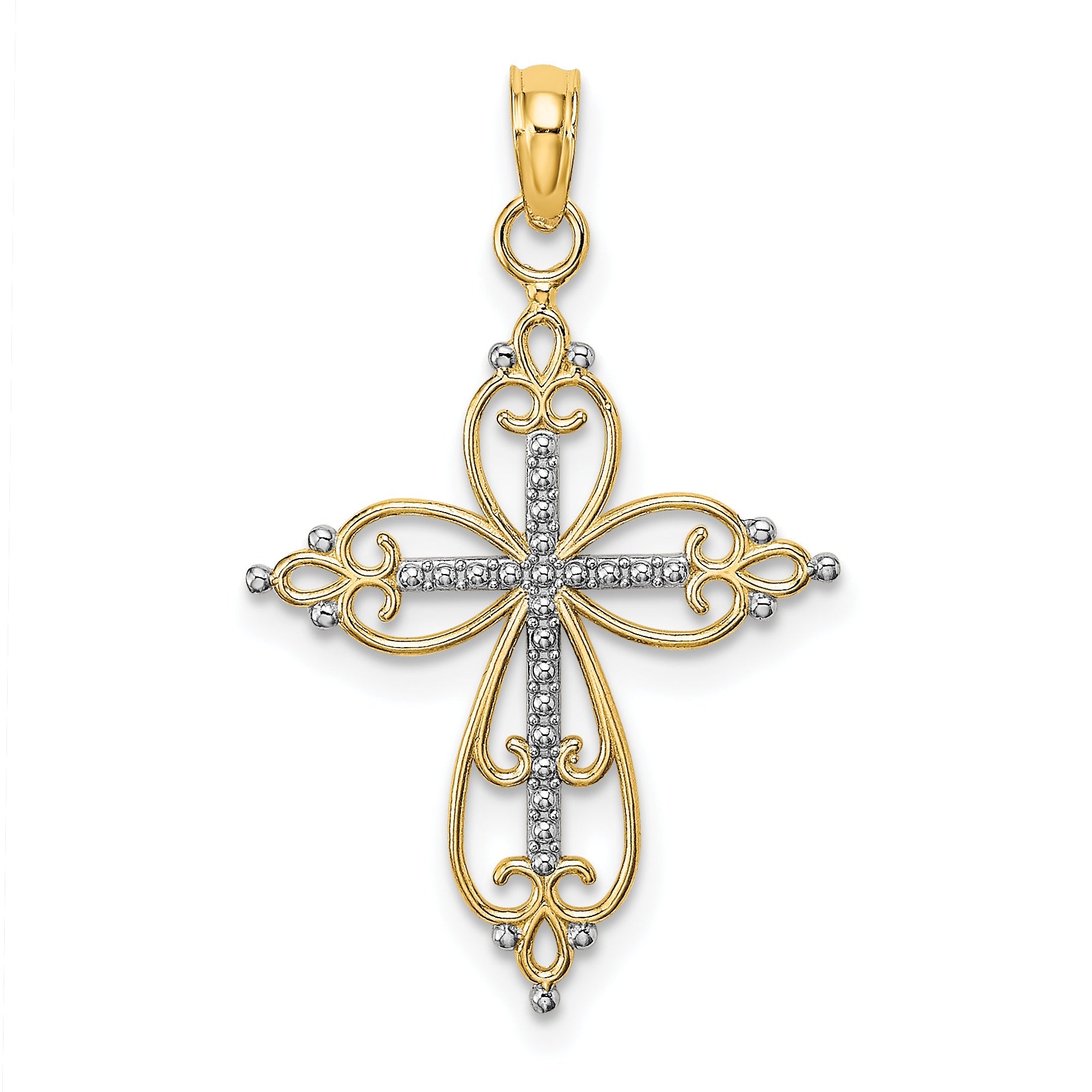 10K Yellow W/Rhodium 10K W/ Rhodium Beaded Cross Charm