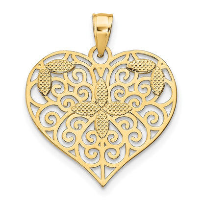 10K Yellow W/Rhodium Cut-Out Filigree Flower And Heart Charm