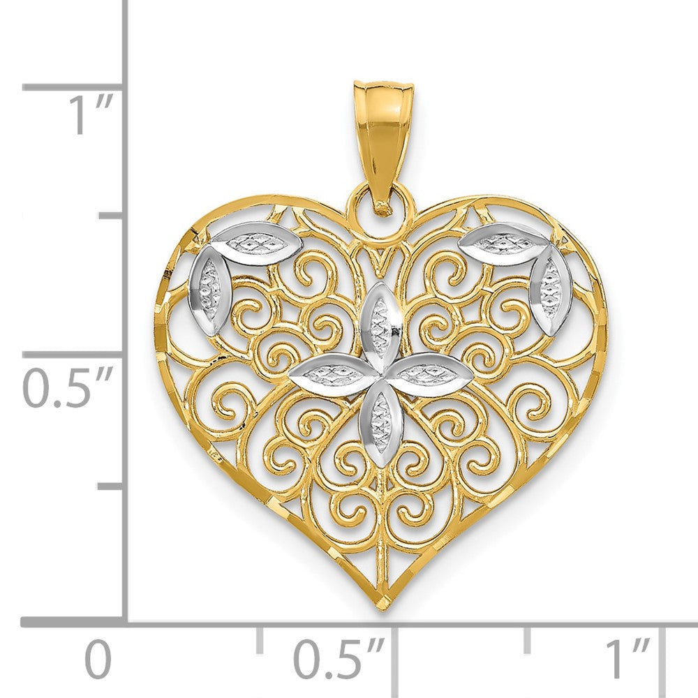 10K Yellow W/Rhodium Cut-Out Filigree Flower And Heart Charm