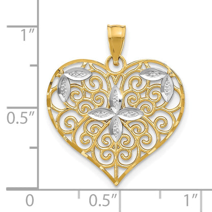 10K Yellow W/Rhodium Cut-Out Filigree Flower And Heart Charm