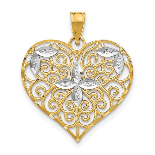 10K Yellow W/Rhodium Cut-Out Filigree Flower And Heart Charm