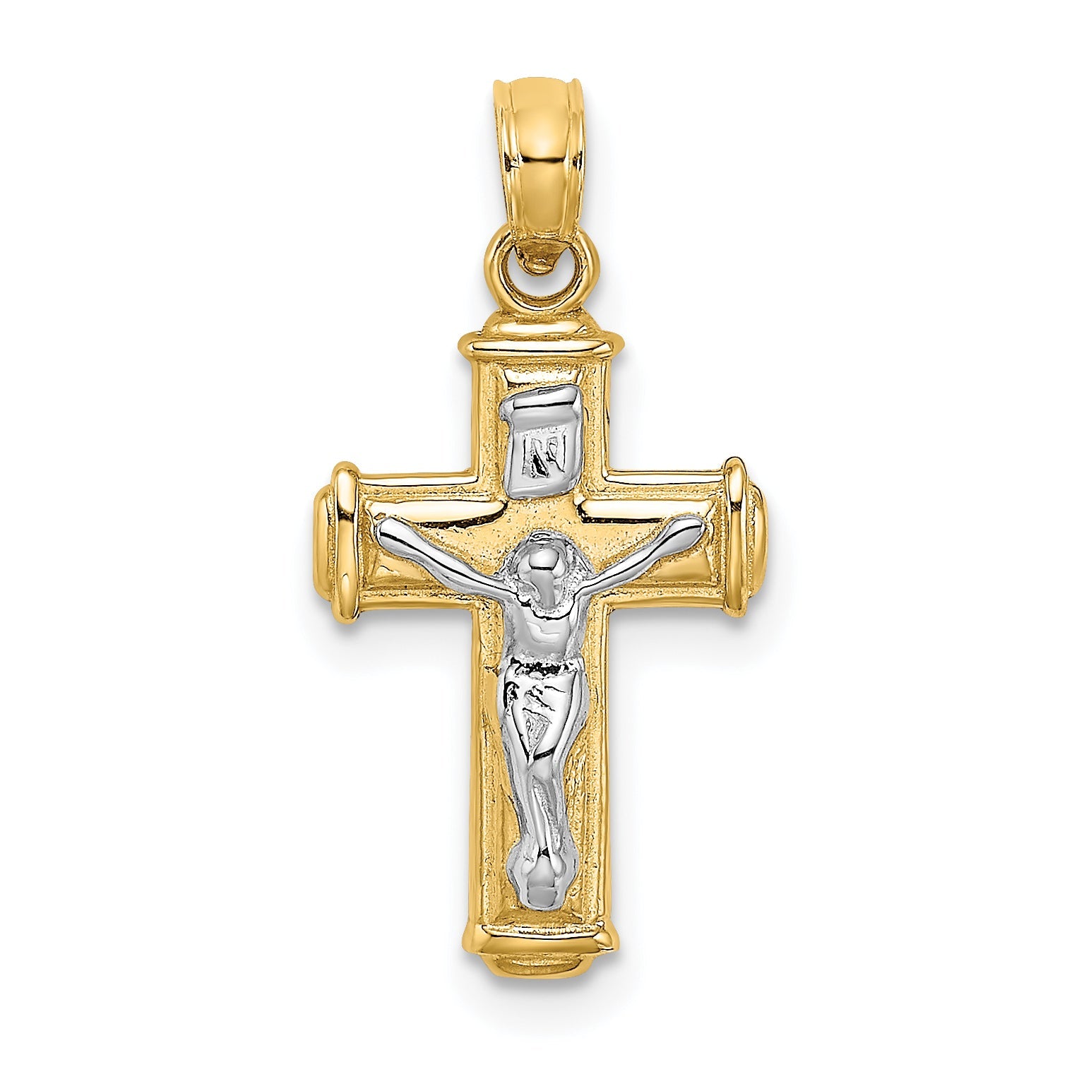 10K Yellow W/Rhodium 10K W/ Rhodium Polished Block Crucifix Inri Charm