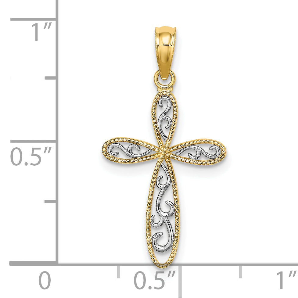 10K Yellow W/Rhodium 10K W/ Rhodium Filigree And Milgrain Cross Charm