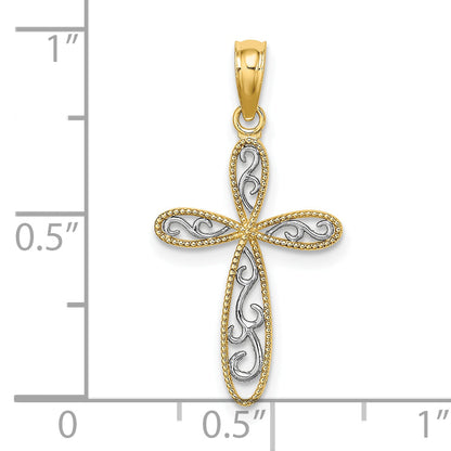 10K Yellow W/Rhodium 10K W/ Rhodium Filigree And Milgrain Cross Charm