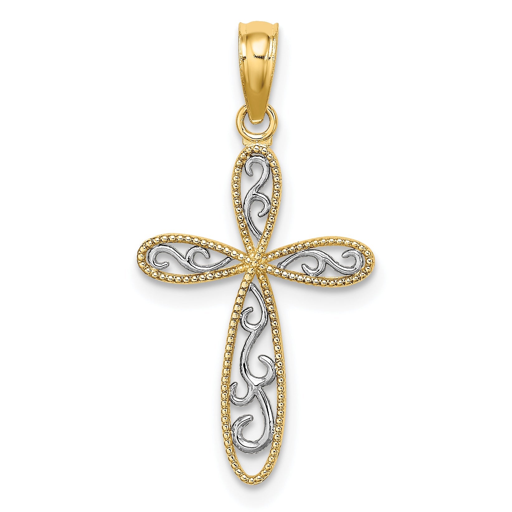 10K Yellow W/Rhodium 10K W/ Rhodium Filigree And Milgrain Cross Charm