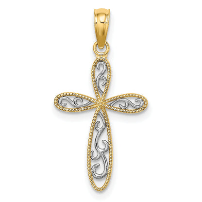 10K Yellow W/Rhodium 10K W/ Rhodium Filigree And Milgrain Cross Charm
