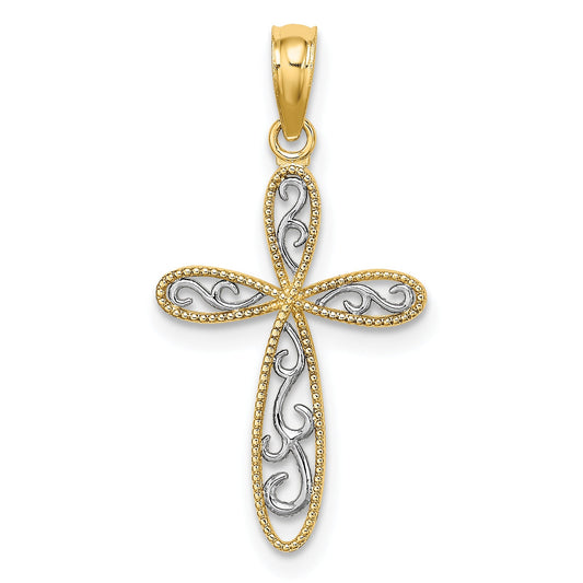10K Yellow W/Rhodium 10K W/ Rhodium Filigree And Milgrain Cross Charm