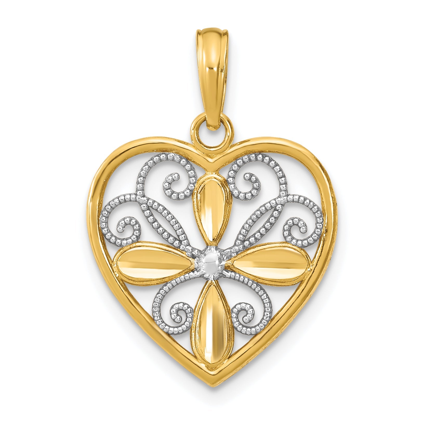 10K Yellow W/Rhodium 10K W/ Rhodium Beaded Filigree Fashion Heart Charm