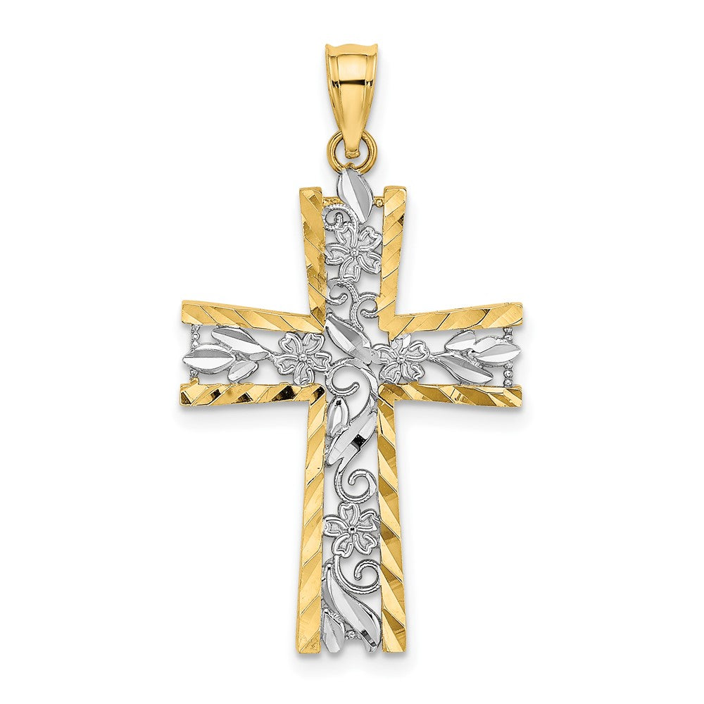 10K Yellow W/Rhodium 10K W/ Rhodium And D/C Flower Design Cross Charm