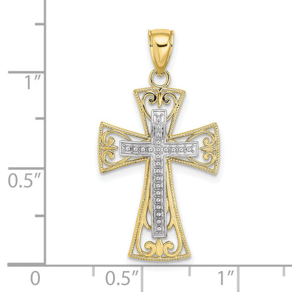 10K Two-Tone 10K 2-D And D/C Beaded Filigree Cross Charm