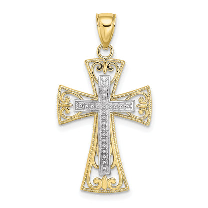 10K Two-Tone 10K 2-D And D/C Beaded Filigree Cross Charm