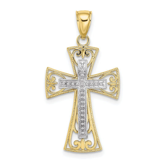 10K Two-Tone 10K 2-D And D/C Beaded Filigree Cross Charm
