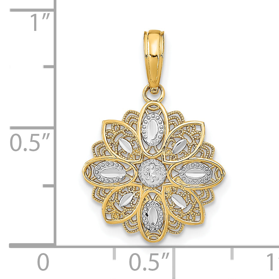 10K Yellow W/Rhodium 10K And D/C Filigree Flower Charm