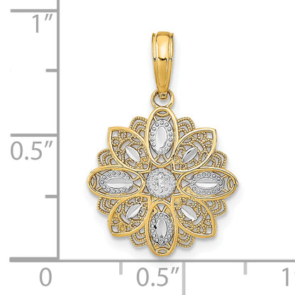 10K Yellow W/Rhodium 10K And D/C Filigree Flower Charm