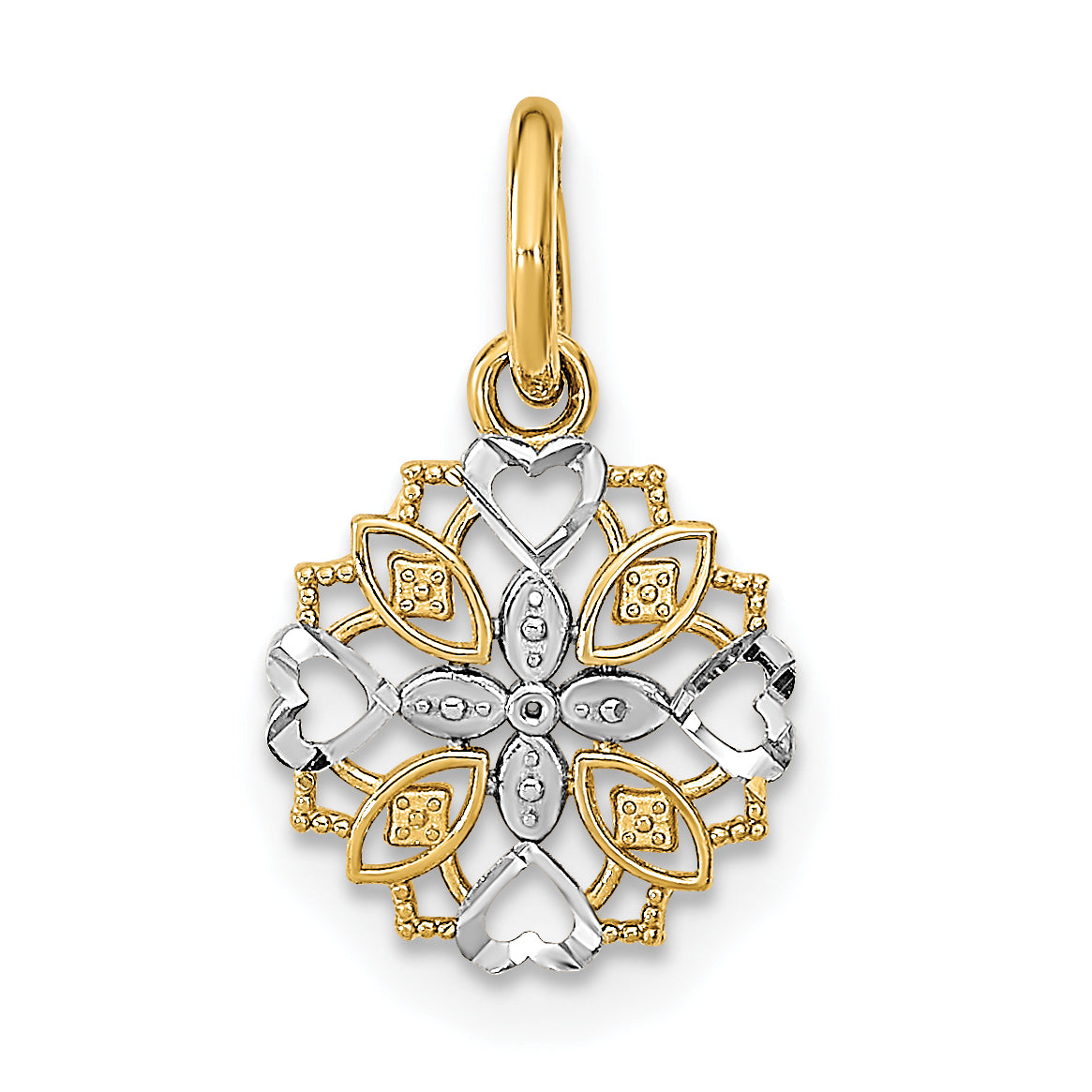 10K Yellow W/Rhodium 10K Cut-Out Heart Edge Flower Charm