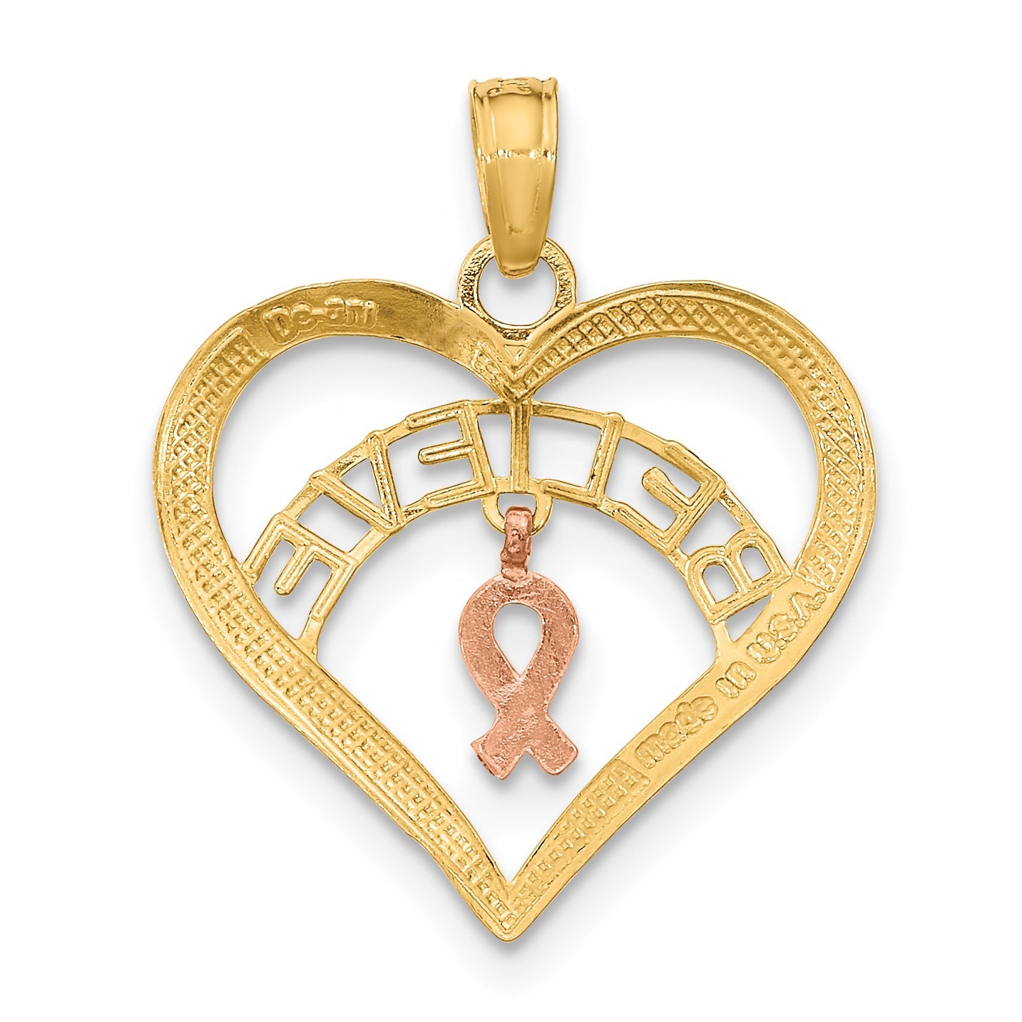 10K Two-Tone With White Rhodium Believe In Heart W/ Breast Cancer Ribbon