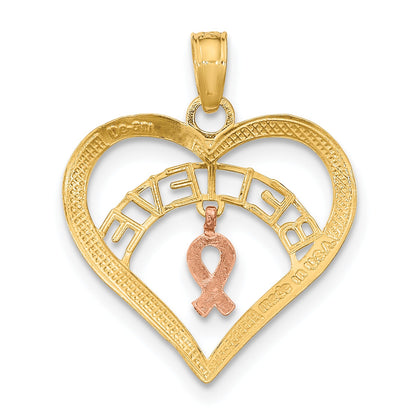 10K Two-Tone With White Rhodium Believe In Heart W/ Breast Cancer Ribbon