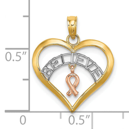 10K Two-Tone With White Rhodium Believe In Heart W/ Breast Cancer Ribbon