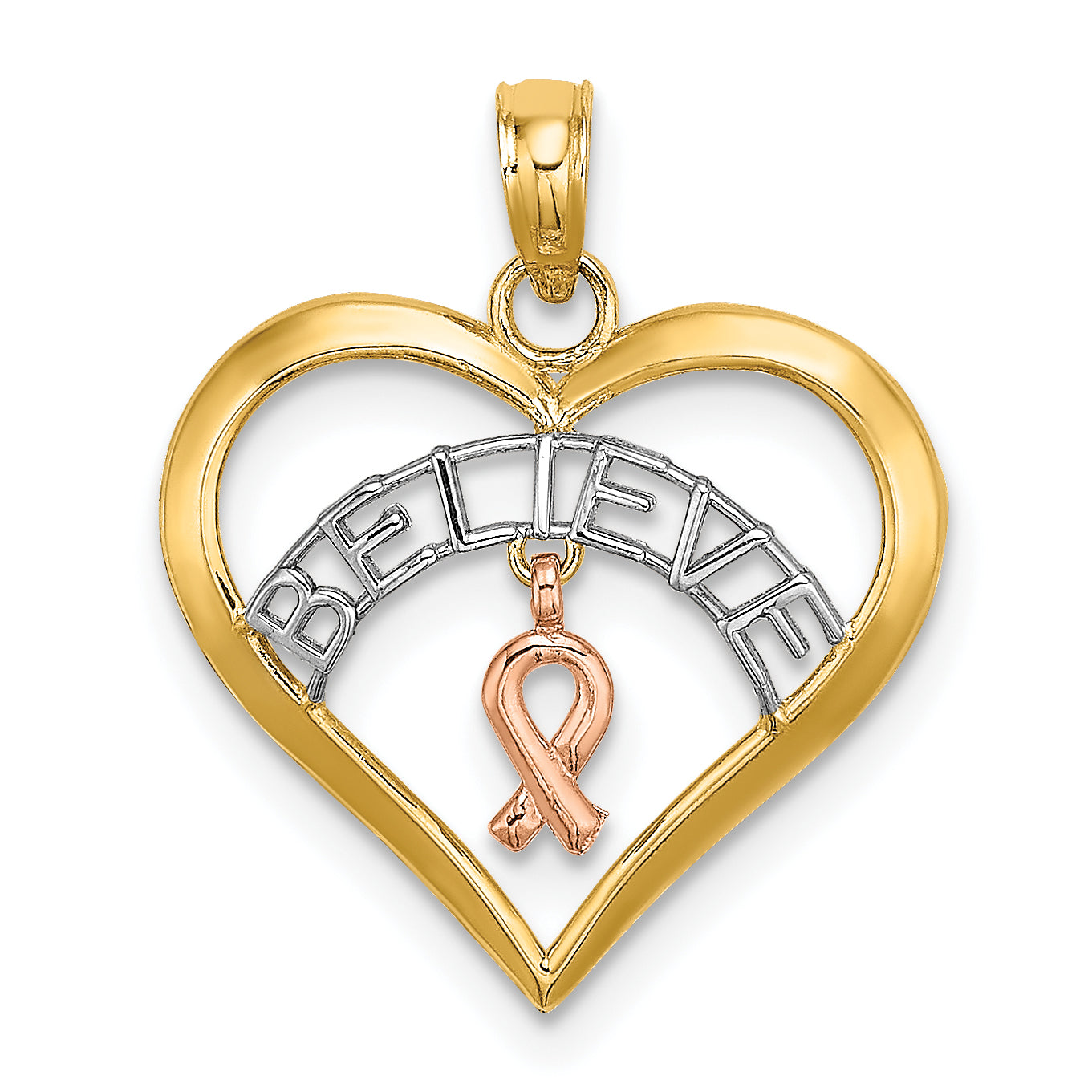 10K Two-Tone With White Rhodium Believe In Heart W/ Breast Cancer Ribbon