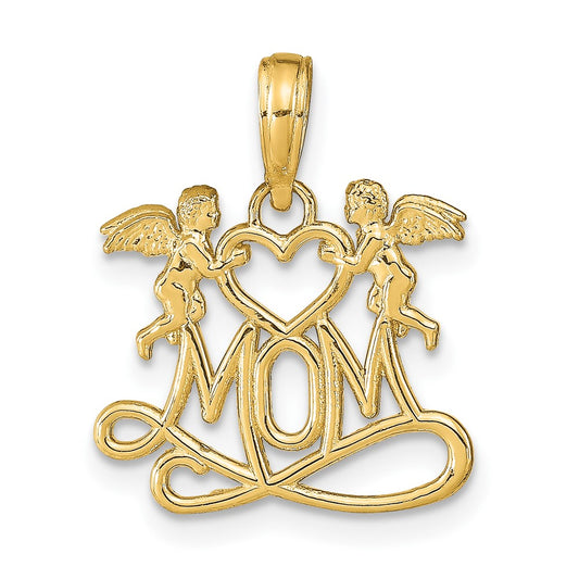 10K Yellow Gold 10K Polished Mom W/Heart And Angels Pendant