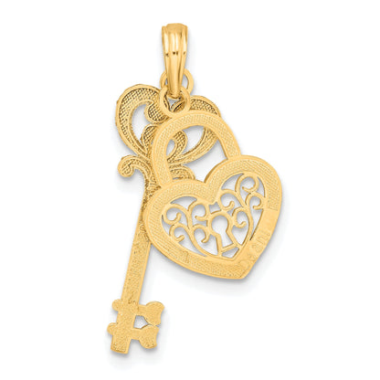 10K Yellow W/Rhodium & Filigree Heart Lock And Key Pendant
