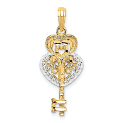10K Yellow W/Rhodium & Filigree Heart Lock And Key Pendant