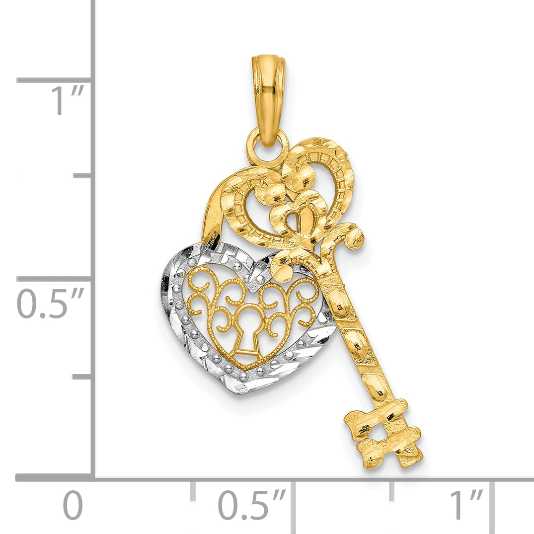 10K Yellow W/Rhodium & Filigree Heart Lock And Key Pendant