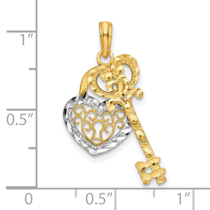 10K Yellow W/Rhodium & Filigree Heart Lock And Key Pendant