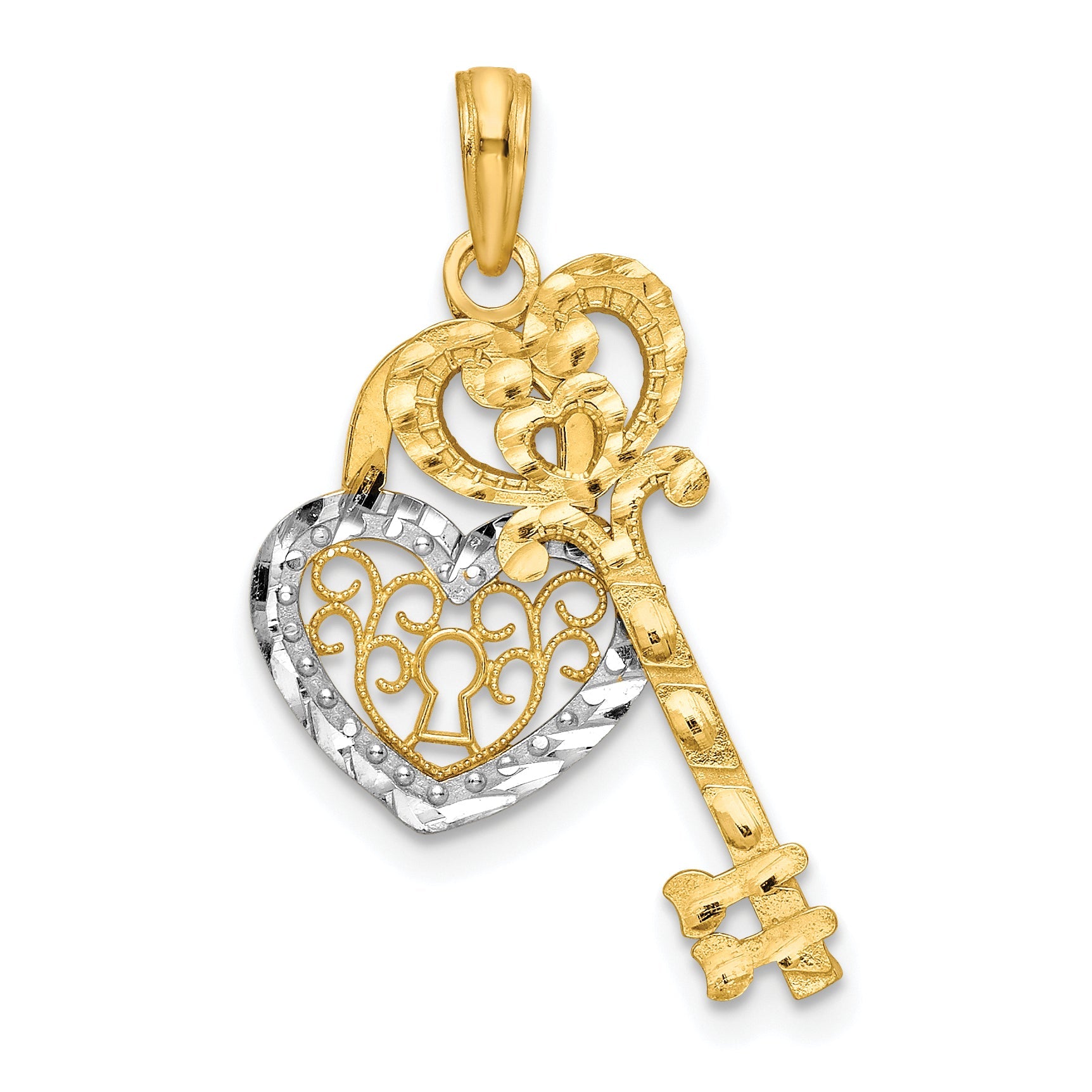 10K Yellow W/Rhodium & Filigree Heart Lock And Key Pendant