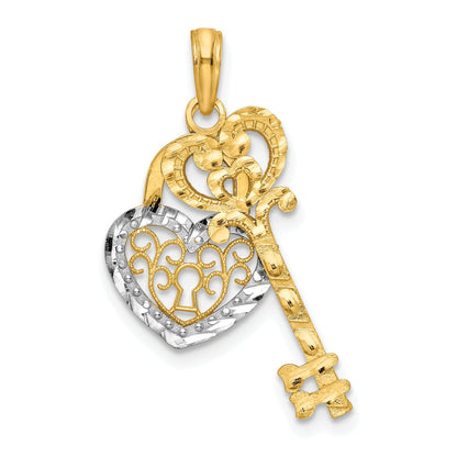 10K Yellow W/Rhodium & Filigree Heart Lock And Key Pendant