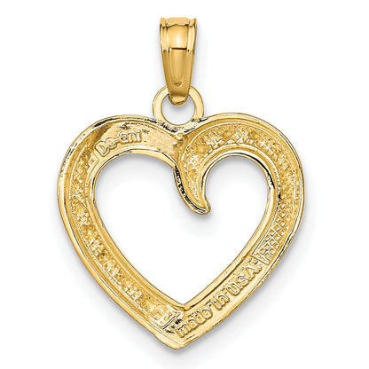 10K Yellow W/Rhodium 10K Polished And Textured Heart Pendant