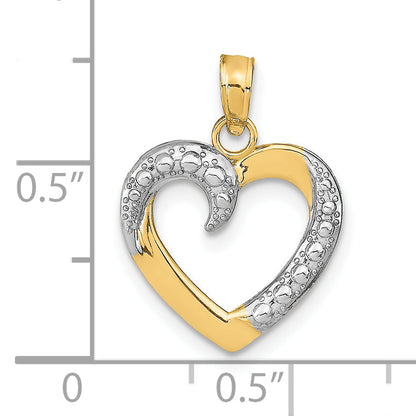 10K Yellow W/Rhodium 10K Polished And Textured Heart Pendant