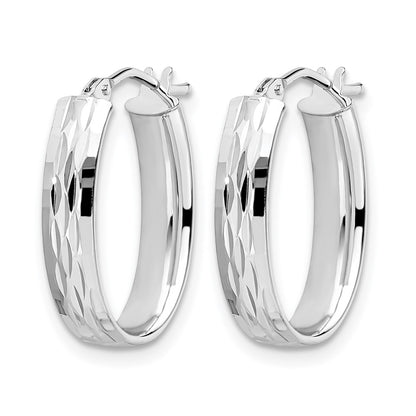 10K Yellow W/Rhodium With White Rhodium Plating Polished And Diamond-Cut Oval Hinged Hoop Earrings