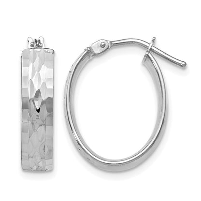 10K Yellow W/Rhodium With White Rhodium Plating Polished And Diamond-Cut Oval Hinged Hoop Earrings