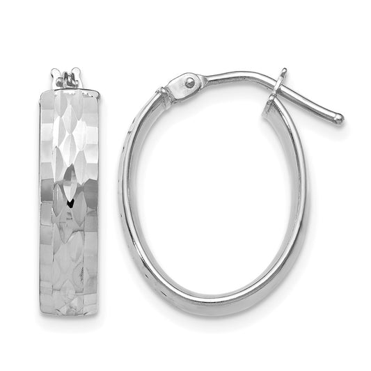 10K Yellow W/Rhodium With White Rhodium Plating Polished And Diamond-Cut Oval Hinged Hoop Earrings