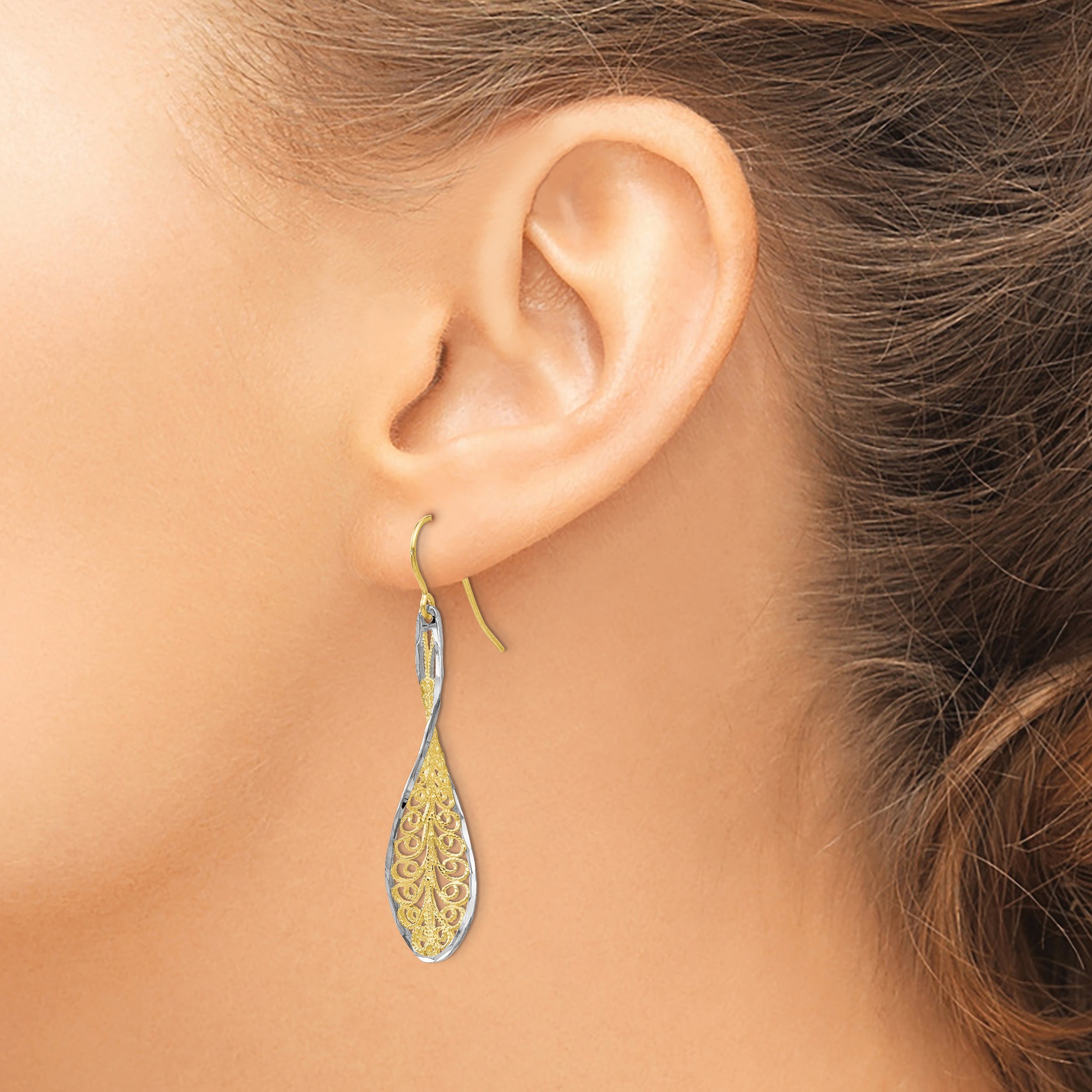 10K Two-Tone D/C Dangle Shepherd Hook Earrings