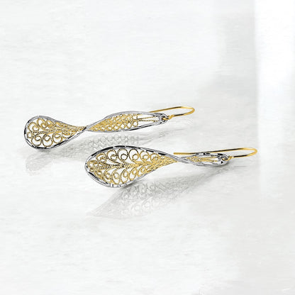 10K Two-Tone D/C Dangle Shepherd Hook Earrings