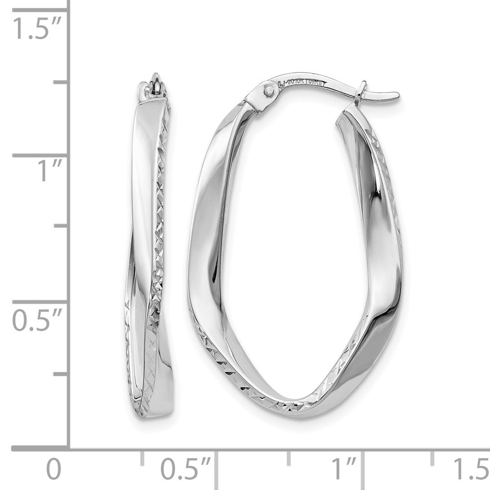 10K White Gold Polished And D/C Oval Hoop Earrings