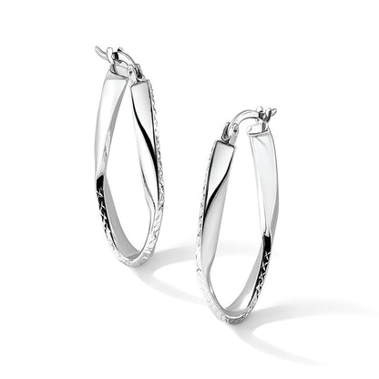 10K White Gold Polished And D/C Oval Hoop Earrings