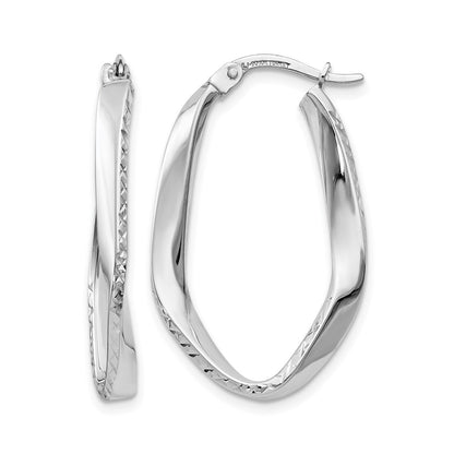 10K White Gold Polished And D/C Oval Hoop Earrings