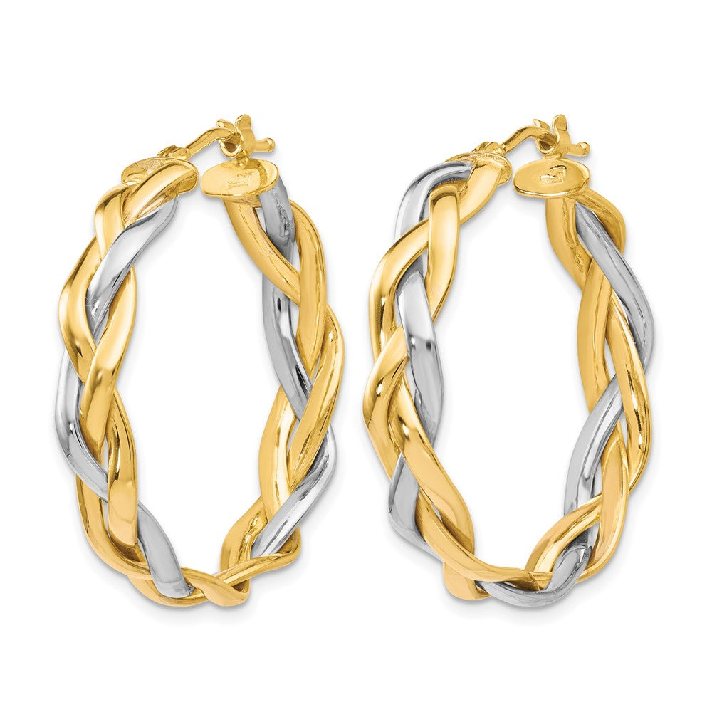 10K Yellow W/Rhodium Polished Braided Hoop Earrings