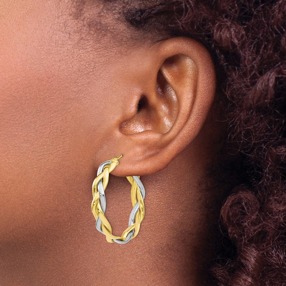 10K Yellow W/Rhodium Polished Braided Hoop Earrings