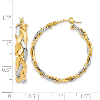 10K Yellow W/Rhodium Polished Braided Hoop Earrings