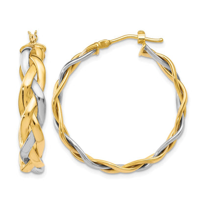10K Yellow W/Rhodium Polished Braided Hoop Earrings