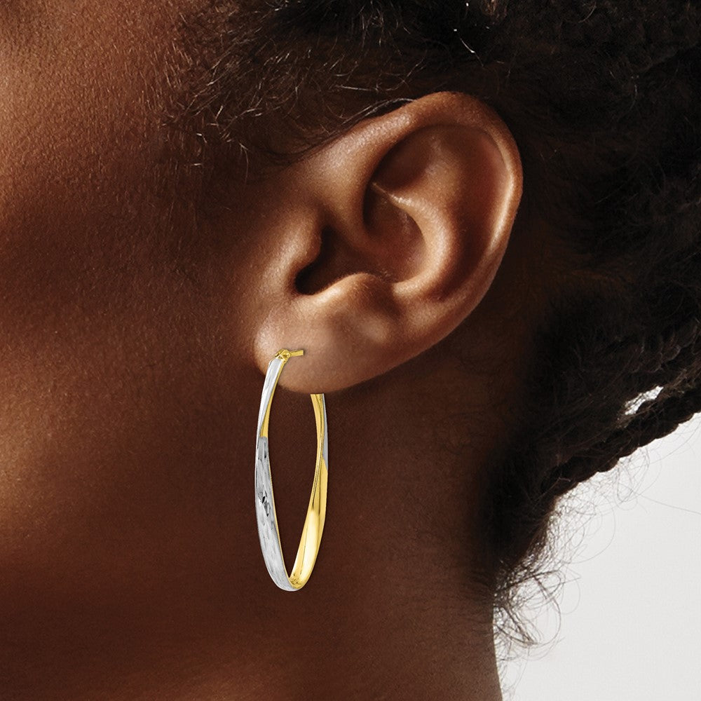 10K Yellow W/Rhodium Gold White Rhodium-Plated D/C Hoop Earrings