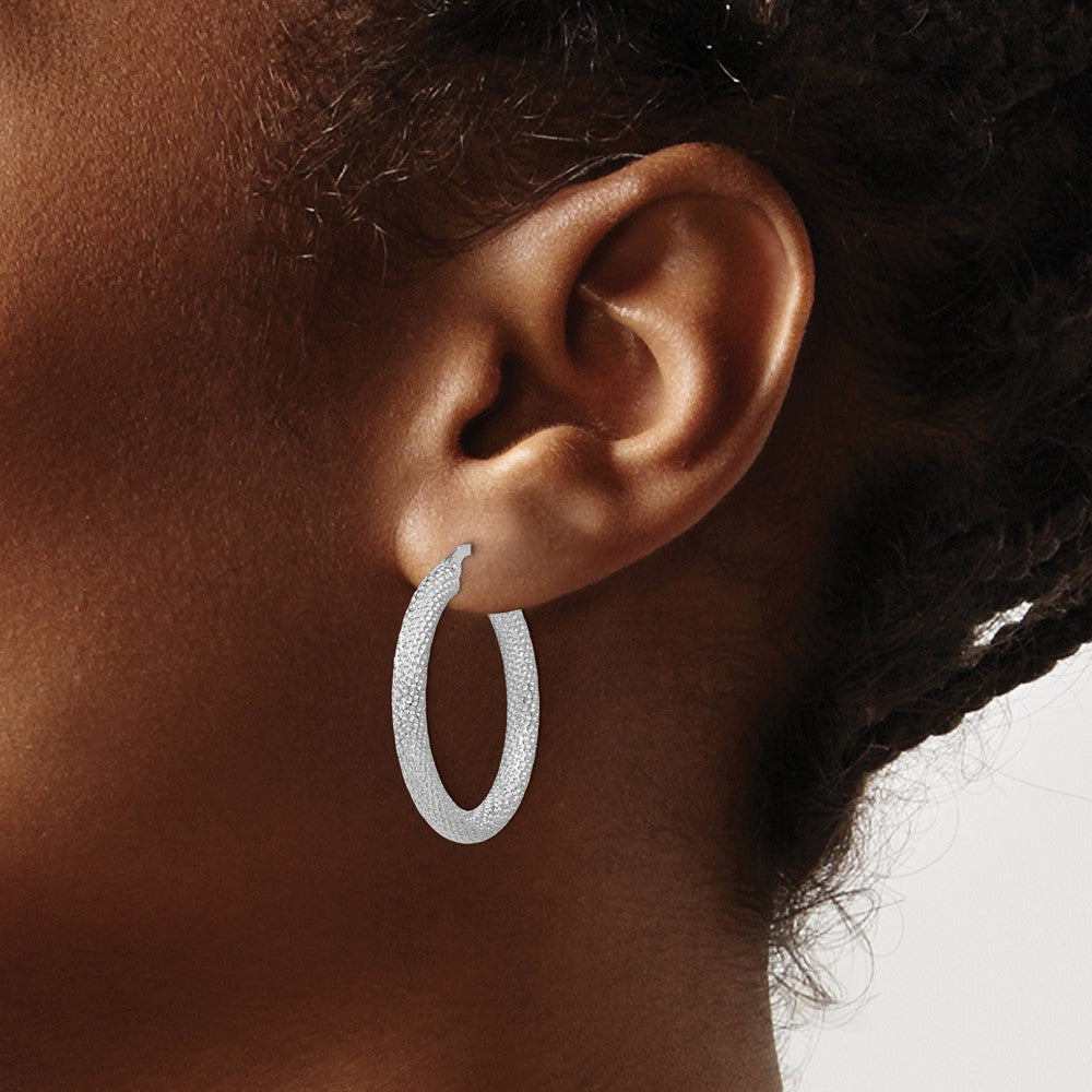 10K White Gold Polished And Textured Hinged Hoop Earrings
