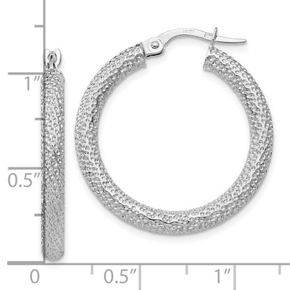 10K White Gold Polished And Textured Hinged Hoop Earrings